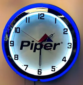 Piper Aircraft Airplane Sign 19" Double Neon Clock Blue Neon Chrome Finish